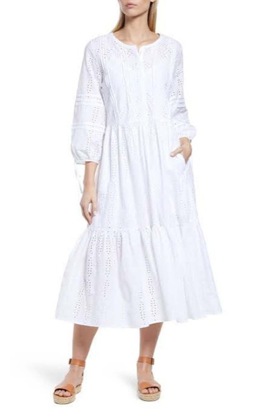 S Caslon Eyelet Three-Quarter Sleeve Cotton Midi Dress Midi tiered white ruffle